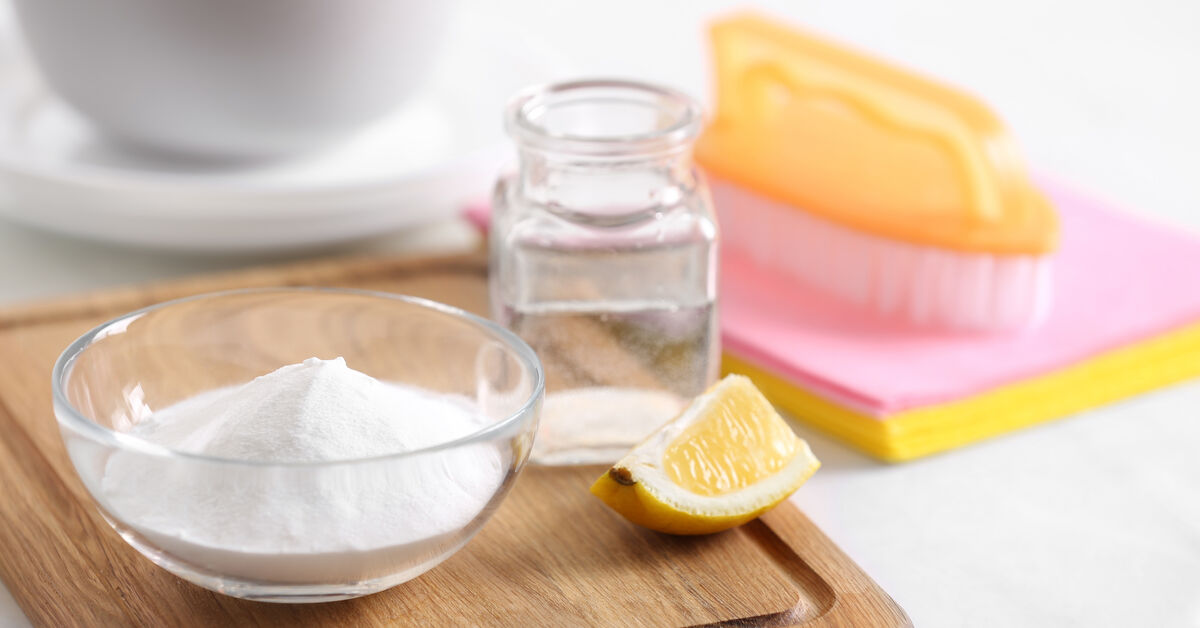 Common household cleaning ingredients on tray.
