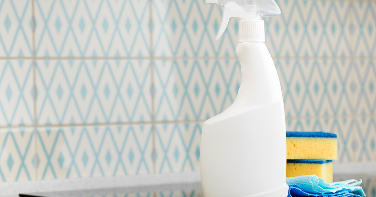Tile cleaning supplies arranged on counter