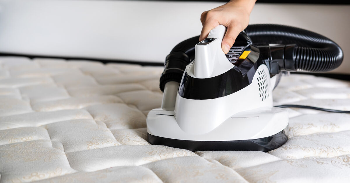 Upholstery cleaning machine near bed