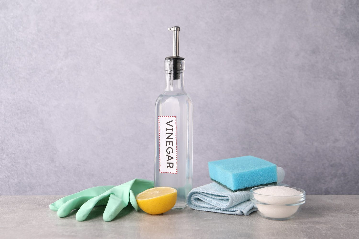 Eine Glasflasche mit der Aufschrift „Vinegar“ steht neben einer Zitrone, grünen Handschuhen, einem blauen Schwamm, einem Tuch und einer Schale mit weißem Pulver.